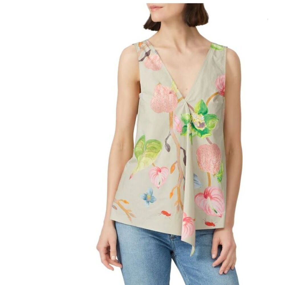 TIBI‎ Floral Cotton Poplin Top Taupe Tropical Grasshoppers Women's Size 4